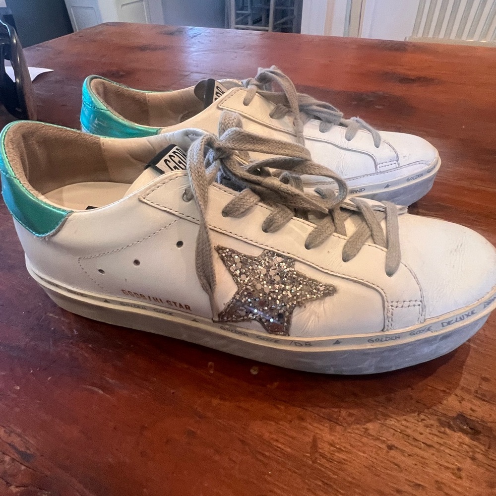 Golden Goose Hi Star White Sneaker with Glitter Star and Teal Heel